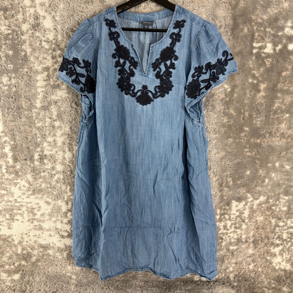 J. Jill Petites Size Lp Embroidered Chambray Shift Dress Blue Short Sleeve Women